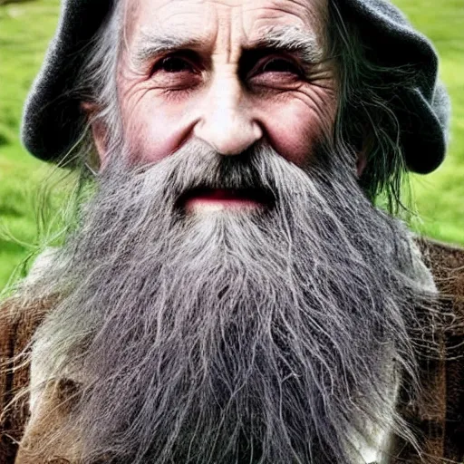 Image similar to emma watson as an old druid wizard, bushy grey eyebrows, long grey beard, disheveled, wise old man, wearing a grey wizard hat, wearing a purple detailed coat, a bushy grey beard, sorcerer, he is a mad old man, laughing and yelling