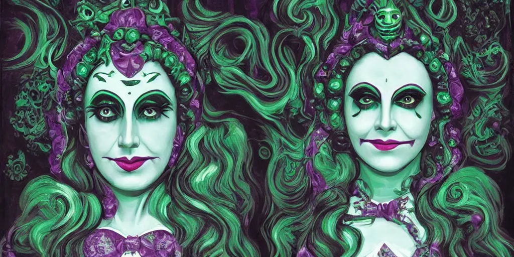 Prompt: madame leota cult, detailed facial expression, surrealism aesthetic