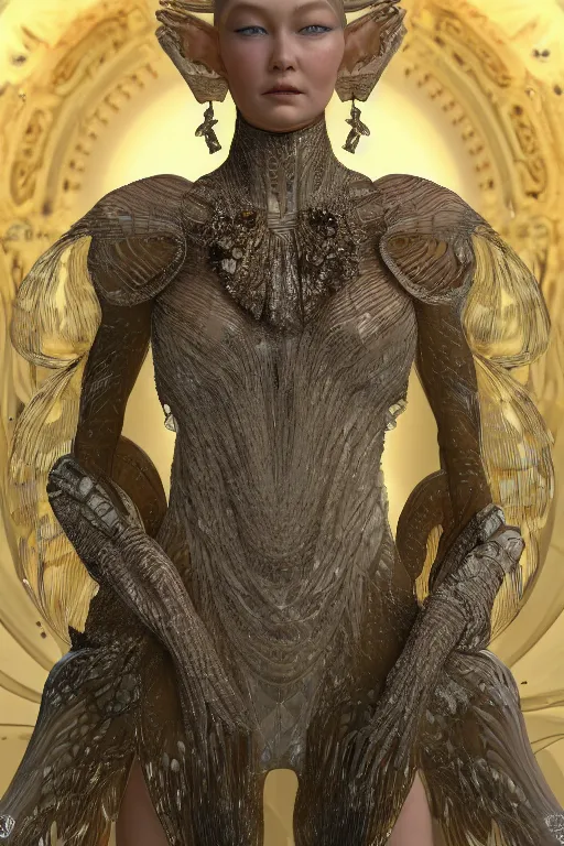 Image similar to a highly detailed medium shot 8 k render portrait of an alien goddess gigi hadid in iris van herpen dress schiaparelli in diamonds and jewelry in style of alphonse mucha trending on artstation made in unreal engine 4