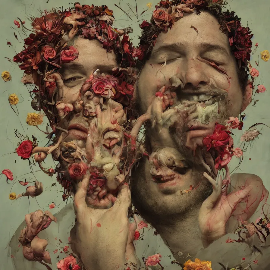 Prompt: male portrait of todd solondz eating babies and puking blood, surrounded by flowers by francis bacon, karol bak, james jean, tom bagshaw, rococo, trending on artstation, cinematic lighting, hyper realism, dramatic, emotional, octane render, 8 k, hyper detailed.