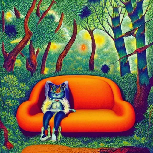 Image similar to psychedelic couch sofa in the pine forest, goose, milky way, designed by moebius, rob gonsalves, gustav dore, giuseppe arcimboldo and carl barks, louis wain, trending on artstation, star, sharp focus, colorful refracted sparkles and lines, soft light, 8 k 4 k