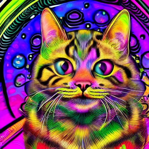 Prompt: photorealistic psychedelic cat smiling, very colorful in a maximalist style with a background that fades into black