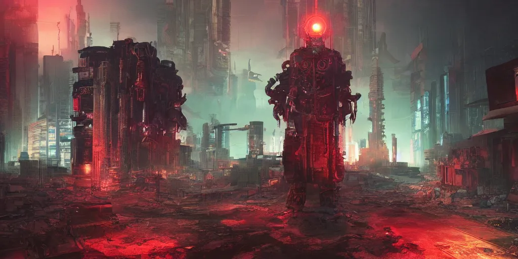 Image similar to cyberpunk chtulhu, fallout 5, studio lighting, deep colors, apocalyptic setting, sneak peek into the future