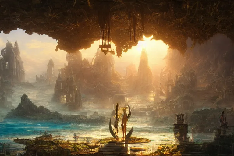 Image similar to a scenic landscaping view of the lost and abandoned city of Atlantic under water, ray of sunlight, mermaids in distance, Greg Rutkowski, Moebius, Mohrbacher, Mucha, blue and gold color scheme, ultra wide angle, ultra detailed, light effect