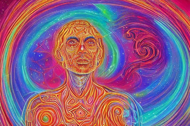 Image similar to digital art of a spiritual man looking up at the stars, glowing light, acrylic art, universe, painting, pastel colors, alex grey,