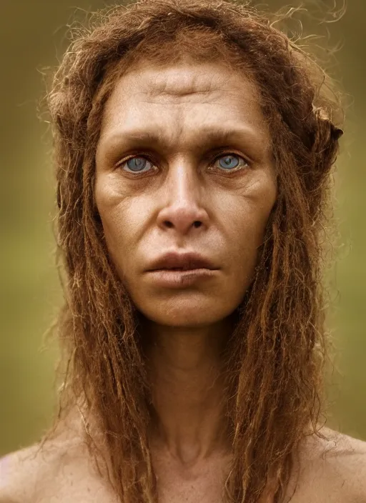 Image similar to closeup portrait of a neanderthal woman, depth of field, zeiss lens, detailed, symmetrical, centered, fashion photoshoot, by Annie Leibovitz and Steve McCurry, David Lazar, Jimmy Nelsson, Breathtaking, 8k resolution, extremely detailed, beautiful, establishing shot, artistic, hyperrealistic, beautiful face, octane render