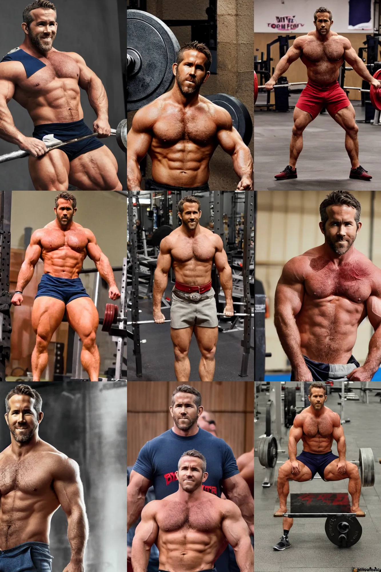 Prompt: ryan reynolds as a powerlifter, masculine, muscular, handsome, powerful, bulky, hairy torso, 4 k hd