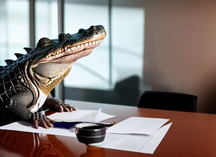 Prompt: photo of an alligator in a suit and glasses, reading a document at a desk in an office. Highly detailed 8k. Intricate. Sony a7r iv 55mm. Stock photo.