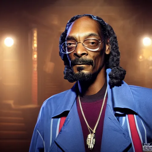 Image similar to snoop dogg as a rough dirty old man with a scruffy beard in a dark blue trenchcoat as the new doctor who, cinematic, volumetric lighting, f 8 aperture, cinematic eastman 5 3 8 4 film, photorealistic