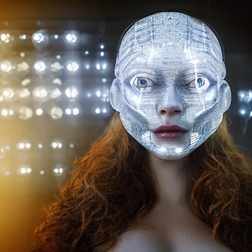 Prompt: beautiful centered Fine art photo portrait of delighted Christina Hendricks as a solarpunk robotic humanoid, white mechanical parts with led lights, photorealistic, white background, highly detailed and intricate, sun lighting, HDR 8k