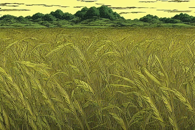 Prompt: A beautiful and detailed landscape of fields of grass and wheat from Vinland Saga , ghibli style, illustration, anime, trending on artstation