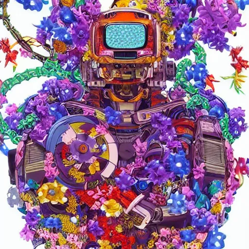 Prompt: colourful vfx art - portrait of army mecha robot wrapped in flowers & vines, art by utagawa kunisada & tadanori yokoo, volumetric light, ray tracing, sharp, detailed, digital painting, illustration, highly detailed, intricate detail, unreal engine, octane render, pinterest, behance, art station,