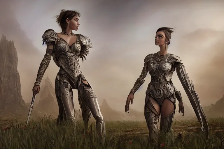 Image similar to a professional portrait of a beautiful young female, clothed in ethereal battle armor, olive skin, long dark hair, beautiful bone structure, symmetrical facial features, vast landscape in the background, intricate, elegant, digital painting, concept art, smooth, sharp focus, finely detailed, illustration, from Valerian and the City of a Thousand Planets, in the style of Ruan Jia and Mandy Jurgens and Artgerm and Greg Rutkowski and William-Adolphe Bouguerea