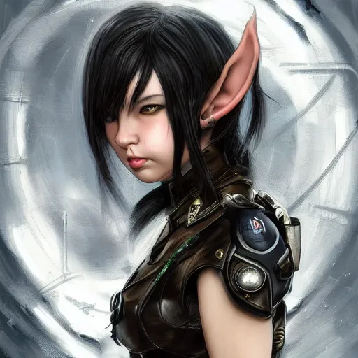 Image similar to portrait of an elf girl by ayami kojima, she is about 2 0 years old, mixture between british and japanese, black bob hair, and she is wearing a modern tactical gear, scifi, highly detailed portrait, digital painting, artstation, concept art, smooth, sharp foccus ilustration, artstation hq