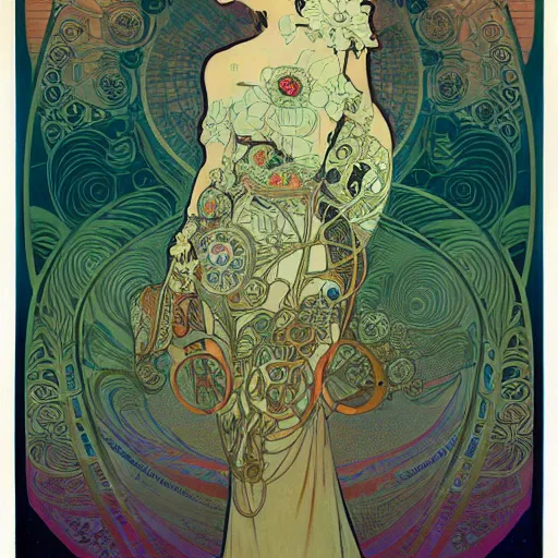 Image similar to psychedelic alphonse mucha victo ngai beautiful cybernetic flower field