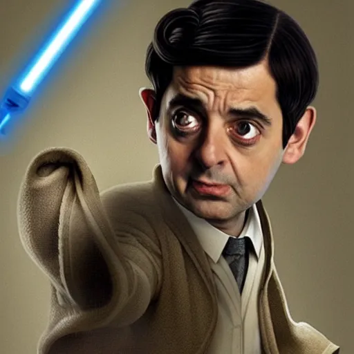 Image similar to mr beans as a jedi master, star wars, photo, realistic detail