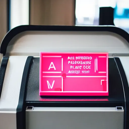 Image similar to a wide angle filmic polaroid photo of pale pink tickets printing from a ticket machine in an outdoor arcade. with symbols, airline data that read “ to the metaverse ” in bold red text, alien ar code and e - ink display, highly detailed, no noise, coherent text english characters