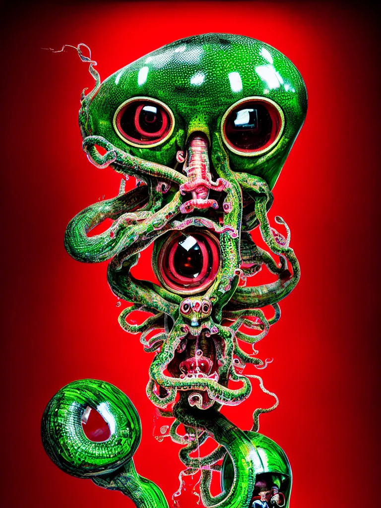 Image similar to a self portrait photograph by the artist kelbv, in distinct hyper detailed style with tubes coming from eyes, and hollowed out head filled with red and green gingham ellipsoids, perfect studio lighting against a backdrop of a still from the movie squid asthma.