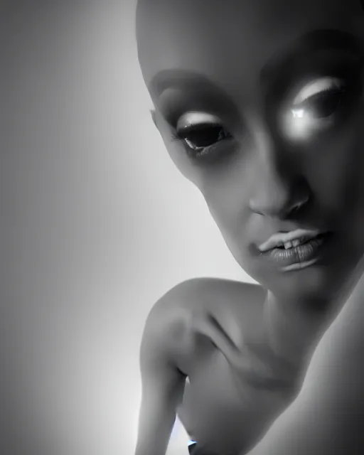 Prompt: black and white high quality photo of a beautiful futuristic dancing female human-AI-queen-insect-looking into a sci-fi mirror:: volumetric lighting, liminal space, brutalism, foggy, dreamy, hyperdetailed, bokeh, photorealistic, cinematic, masterpiece, Metropolis, elegant, dark, octane render, 8K, by Man Ray in the style of Dora Maar