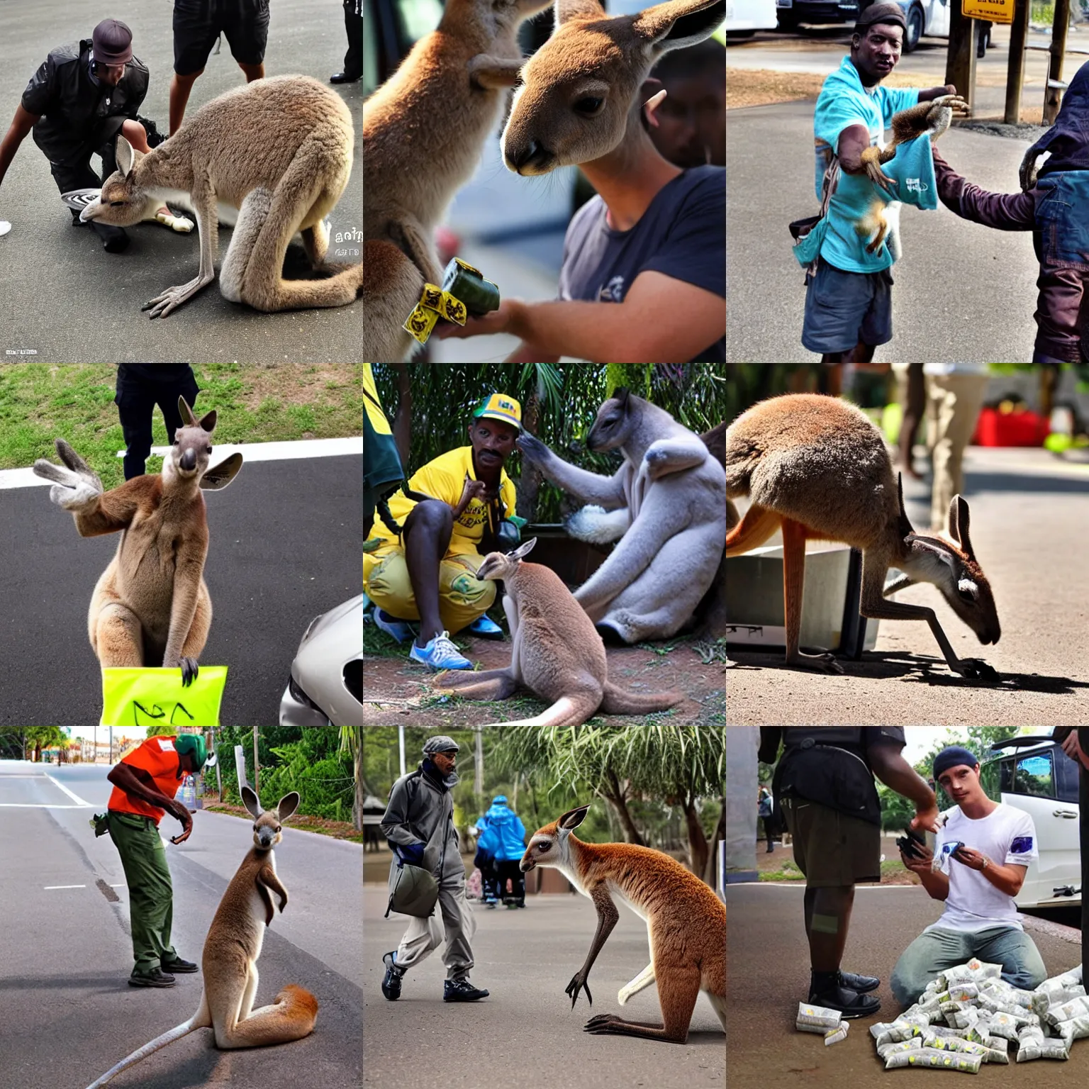 Prompt: <photo hd attention-grabbing trending>a kangaroo selling drugs</photo>