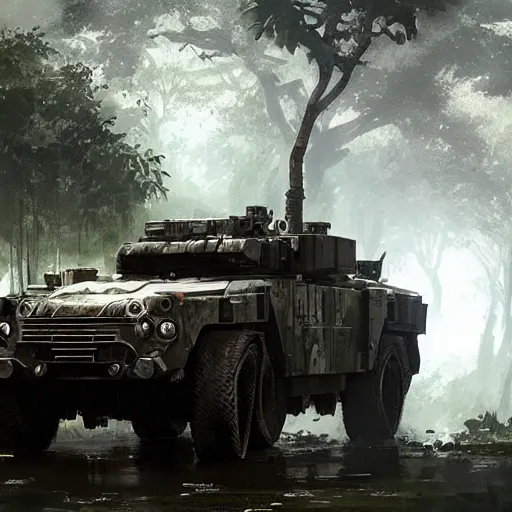 Prompt: an armored vehicle driving through the jungle, dramatic lighting, illustration by Greg rutkowski, yoji shinkawa, 4k, digital art, concept art, trending on artstation