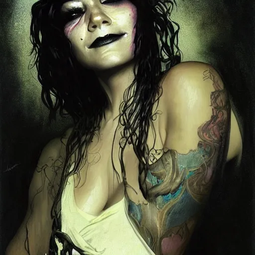 Image similar to beautiful portrait of vanessa hudgens as death from sandman, smiling, by cedric peyravernay, alphonse mucha, by jeremy mann, by lecouffe deharme, goth chic, soft lightning, eyeliner, punk rock, high detailed, 8 k