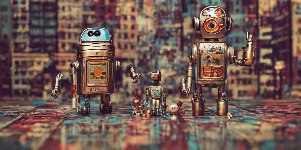 Image similar to closeup portrait of tin toy retro robot city diorama, depth of field, f 3 2, zeiss lens, detailed, centered, fashion photoshoot, by nicoletta ceccoli, mark ryden, lostfish, breathtaking, 8 k resolution, extremely detailed, beautiful, establishing shot, artistic, hyperrealistic, octane render, - h 8 0 4