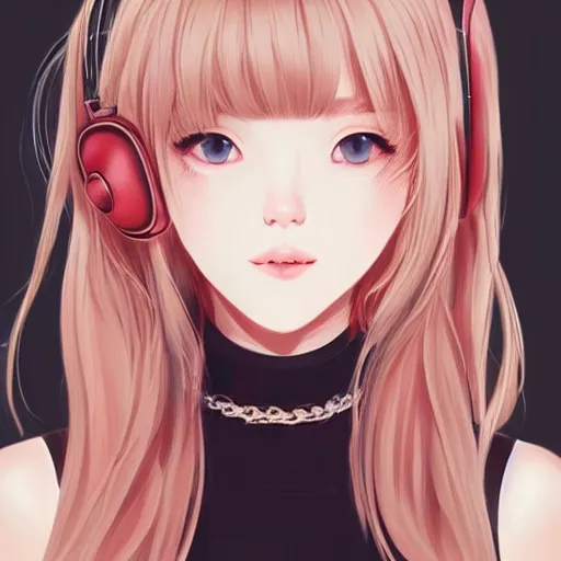 Image similar to realistic beautiful gorgeous natural cute Blackpink Lalisa Manoban blonde hair cute fur blonde cat ears, wearing camisole, wearing headphones, wearing black leather choker artwork drawn full HD 4K highest quality in artstyle by professional artists WLOP, Taejune Kim, Guweiz on Artstation Pixiv