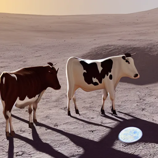 Image similar to realistic picture of cows on the moon, sunlight, detailed, realism, glow, 8k,