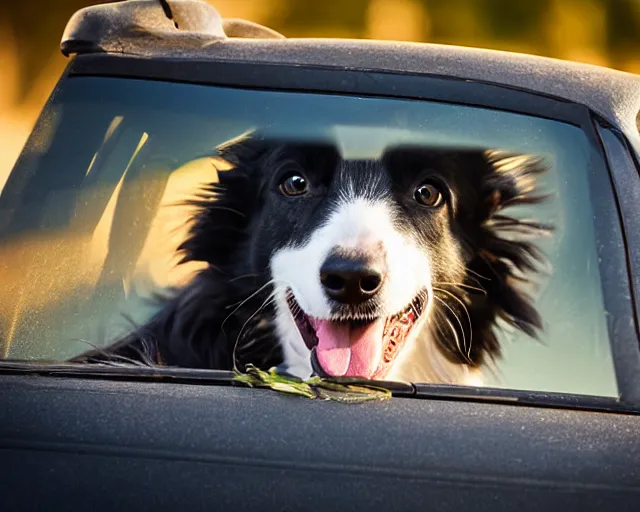 Image similar to border collie dog in the driver's seat of an orange nissan note, paws on wheel, car moving very fast, rally driving photo, award winning photo, golden hour, front of car angle, extreme horizontal background blur, 3 0 0 mm lens