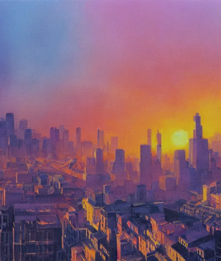 Image similar to An extremely close up shot of the interior of a European City with rays of sunlight bouncing off the buildings, sunrise, sunset, bright yet cool colors, colors and rays of yellow orange red pink purple and blue cover the image, melancholic, nostalgic, cool, epic, oil painting, painting, trending on deviantart, trending on artstation, realistic, polaroid photograph, polaroid, lens blur, photo, realistic, hyperrealistic, very realistic, detailed, very detailed, intriciate detail, intricate details, HD quality, 4k resolution, 8k resolution, in the style of an album cover, in the style of Édouard Cortès