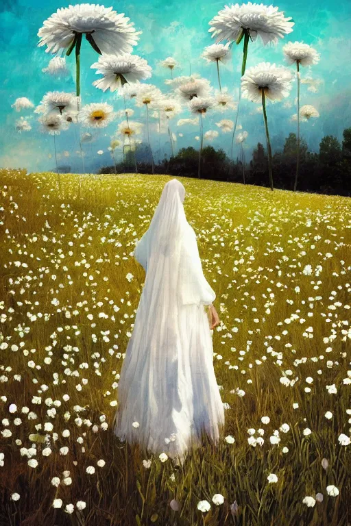 Image similar to giant white daisy flower face, girl with veil walking in a flower field, surreal photography, sunrise, dramatic light, impressionist painting, colorful clouds, digital painting, artstation, simon stalenhag