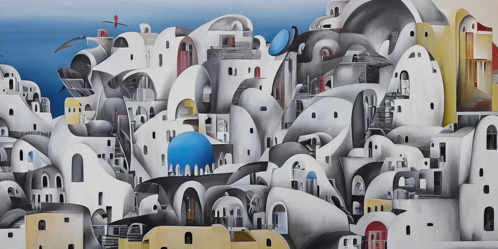 Image similar to a painting of abstract buildings like santorini by zaha hadid and yves tanguy and aaron horkey