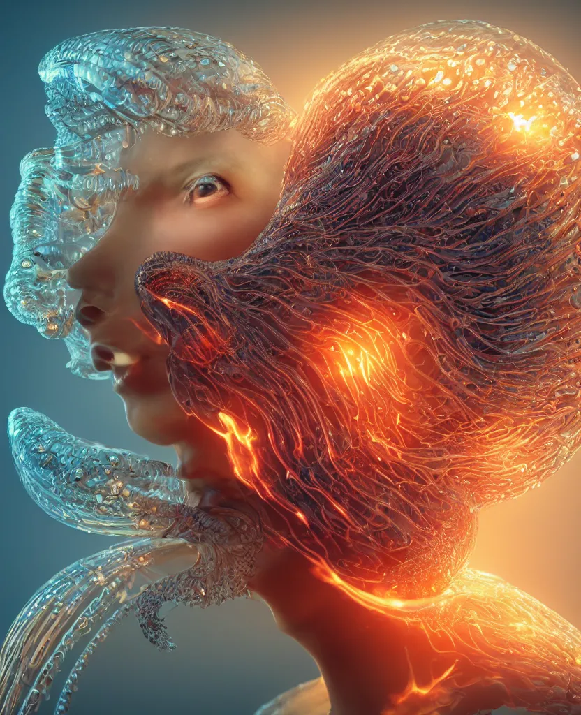 Image similar to close-up macro portrait of the face of a beautiful princess, epic angle and pose, symmetrical artwork, 3d with depth of field, blurred background, cybernetic jellyfish female face skull phoenix bird, translucent, nautilus, energy flows of water and fire. a highly detailed epic cinematic concept art CG render. made in Maya, Blender and Photoshop, octane render, excellent composition, cinematic dystopian brutalist atmosphere, dynamic dramatic cinematic lighting, aesthetic, very inspirational, arthouse. y Greg Rutkowski, Ilya Kuvshinov, WLOP, Stanley Artgerm Lau, Ruan Jia and Fenghua Zhong