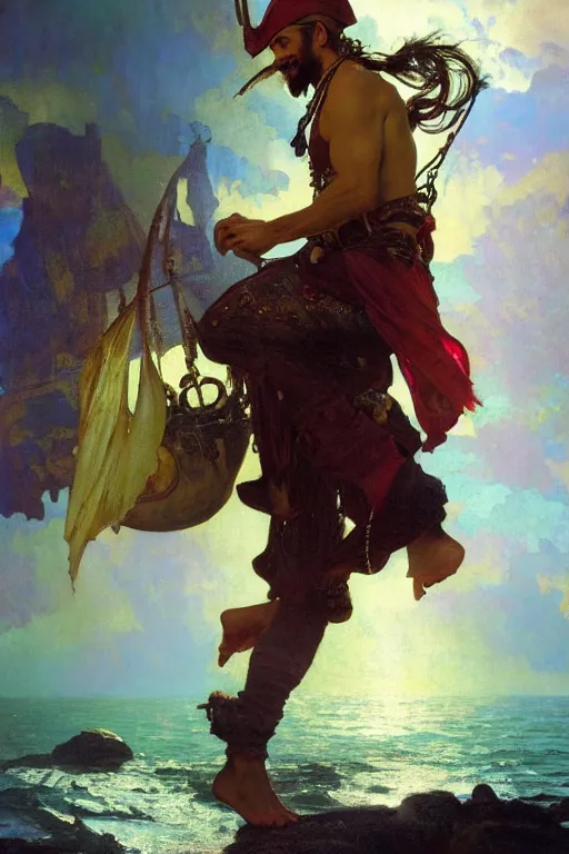 Image similar to hyperrealist portrait of a pirate sultan stepping on a treasure of gems and mythical animals. by jeremy mann and alphonse mucha, fantasy art, photo realistic, dynamic lighting, artstation, poster, volumetric lighting, very detailed faces, 4 k, award winning