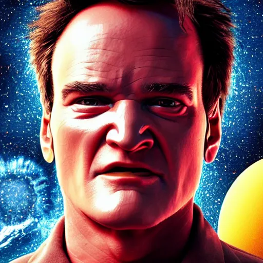 Image similar to hyperrealistic film still of quentin tarantino in space, stunning 3 d render, inspired by istvan sandorfi & greg rutkowski & unreal engine, perfect symmetry, dim volumetric cinematic lighting, 8 k octane comprehensive render, extremely hyper - detailed, incredibly lifelike attributes, intricate, real flesh texture, masterpiece, artstation, stunning,