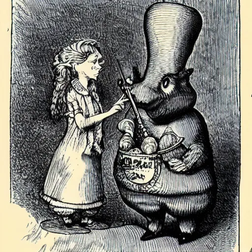 Image similar to A hookah smoking caterpillar + Alice In Wonderland + Absolem + Lewis Carol + by John Tenniel ::