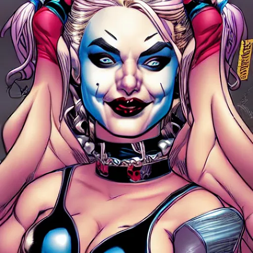 Prompt: Harley Quinn, comic portrait by J Scott Campbell, intricate details