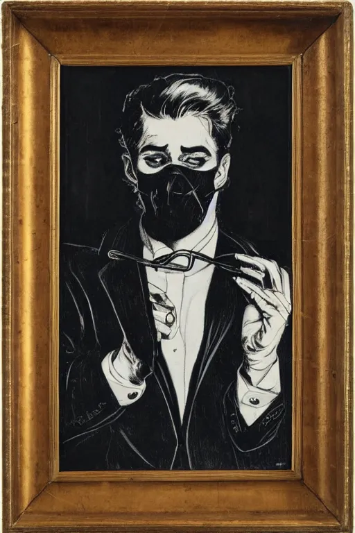 Prompt: portrait of young man wearing black medical mask, suit and tie, style of virgil finlay