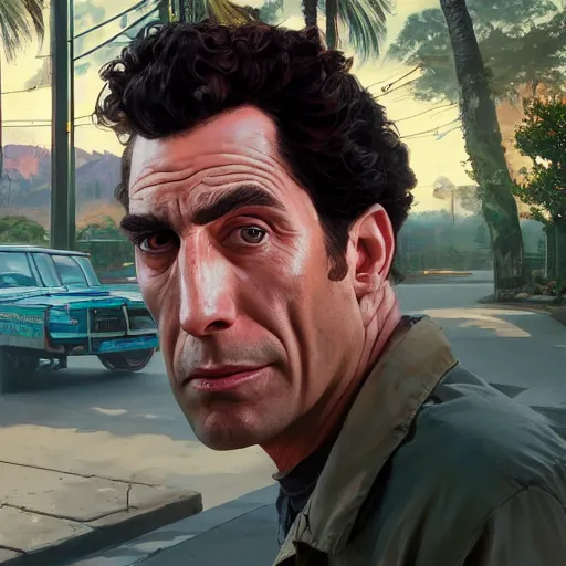 Image similar to highly detailed portrait, cosmo kramer, in gta v, stephen bliss, unreal engine, fantasy art by greg rutkowski, loish, rhads, ferdinand knab, makoto shinkai and lois van baarle, ilya kuvshinov, rossdraws, tom bagshaw, global illumination, radiant light, detailed and intricate environment