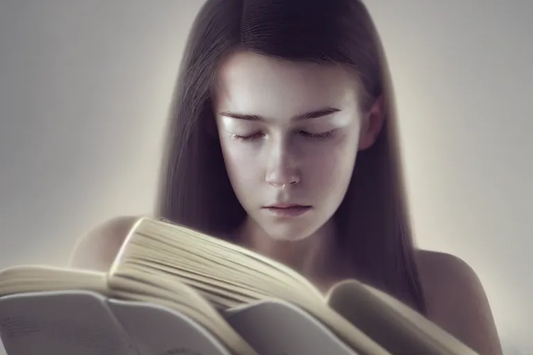 Image similar to an ultra realistic, cinematic, headshot portrait, of a girl reading a book, hair flowing down, facial features, detailed, deep focus, movie still, dramatic lighting, ray tracing, by michal karcz and yoshitaka amano