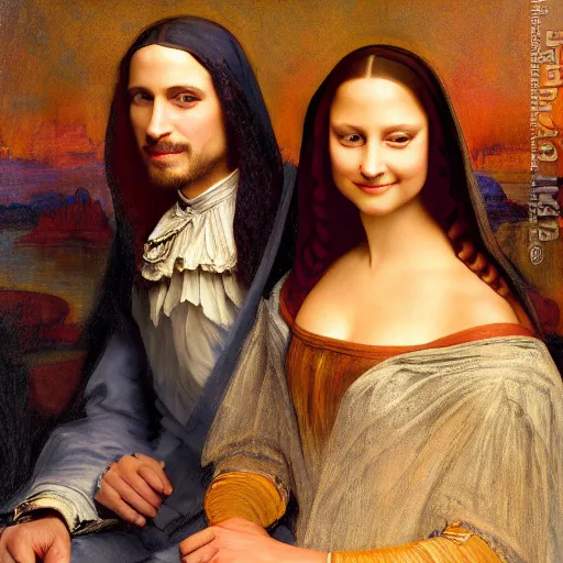 Image similar to detailed painting of prince william marrying attractive mona lisa, highly detailed painting by gaston bussiere, craig mullins, j. c. leyendecker 8 k, smiling couple, royal painting