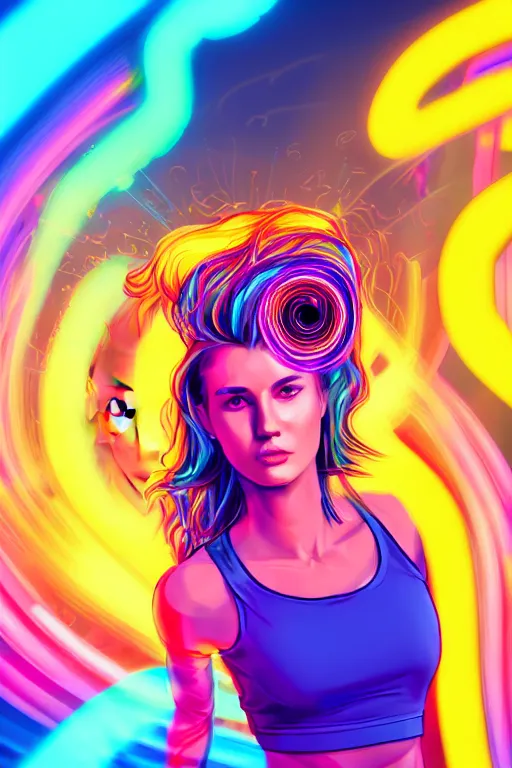 Image similar to a award winning half body portrait of a beautiful woman with stunning eyes in a croptop and cargo pants with rainbow colored ombre hairstyle head in motion and hair flying by thomas danthony, surrounded by whirling illuminated neon lines, outrun, vaporware, shaded flat illustration, digital art, trending on artstation, highly detailed, fine detail, intricate