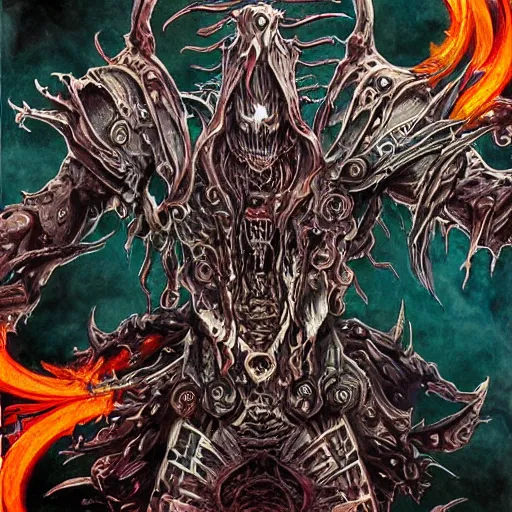 Prompt: black ink & copic markers, vibrant muted colors, disturbing grunge still of a [ lovecraftian demon infested ] [ spawn ], he wears light armor and has a giant scythe on his back, by albert bierstadt, fisheye lens effect, evil, insanely detailed and intricate, hypermaximalist, elegant, ornate, hyper realistic, super detailed