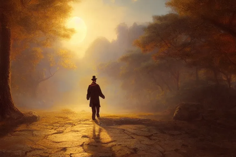 Prompt: a time traveler walking through a portal in toyko, very detailed, oil painting, cinematic lighting, albert bierstadt, trending on artstation, colorful, canvas, sunset, hans dahl