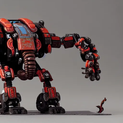 Image similar to kitbashed mechanical elephant, horizon zero dawn style, model kit, wires protruding out, weaponised, red LED eyes