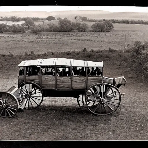 Image similar to a birds - eye view sepia photograph of a delorean made into a covered wagon, traveling in a line with covered wagons and cattle, photorealistic