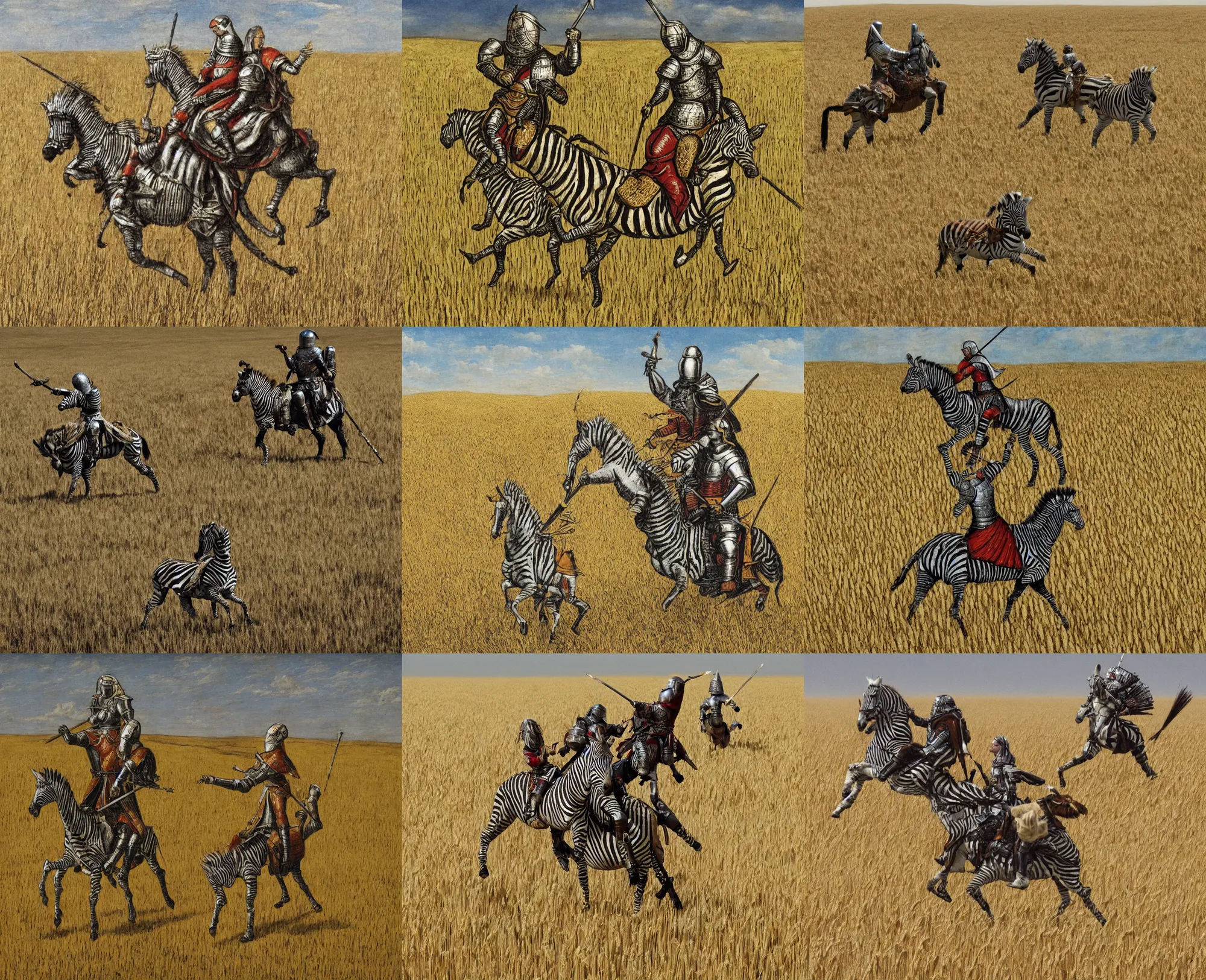 Prompt: a medieval knight riding a zebra through a field of wheat