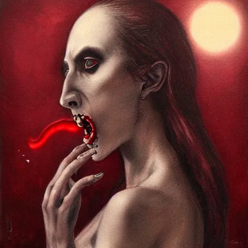 Prompt: a hyperrealistic portrait painting of a beautiful female vampire, blood dripping from her mouth, standing in the moonlight, by santiago caruso, highly detailed,