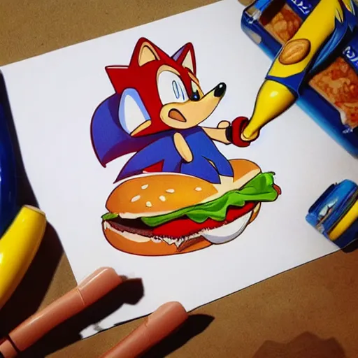 Image similar to fast sonic the hedgehog eating a hamburger, drawn by artgerm